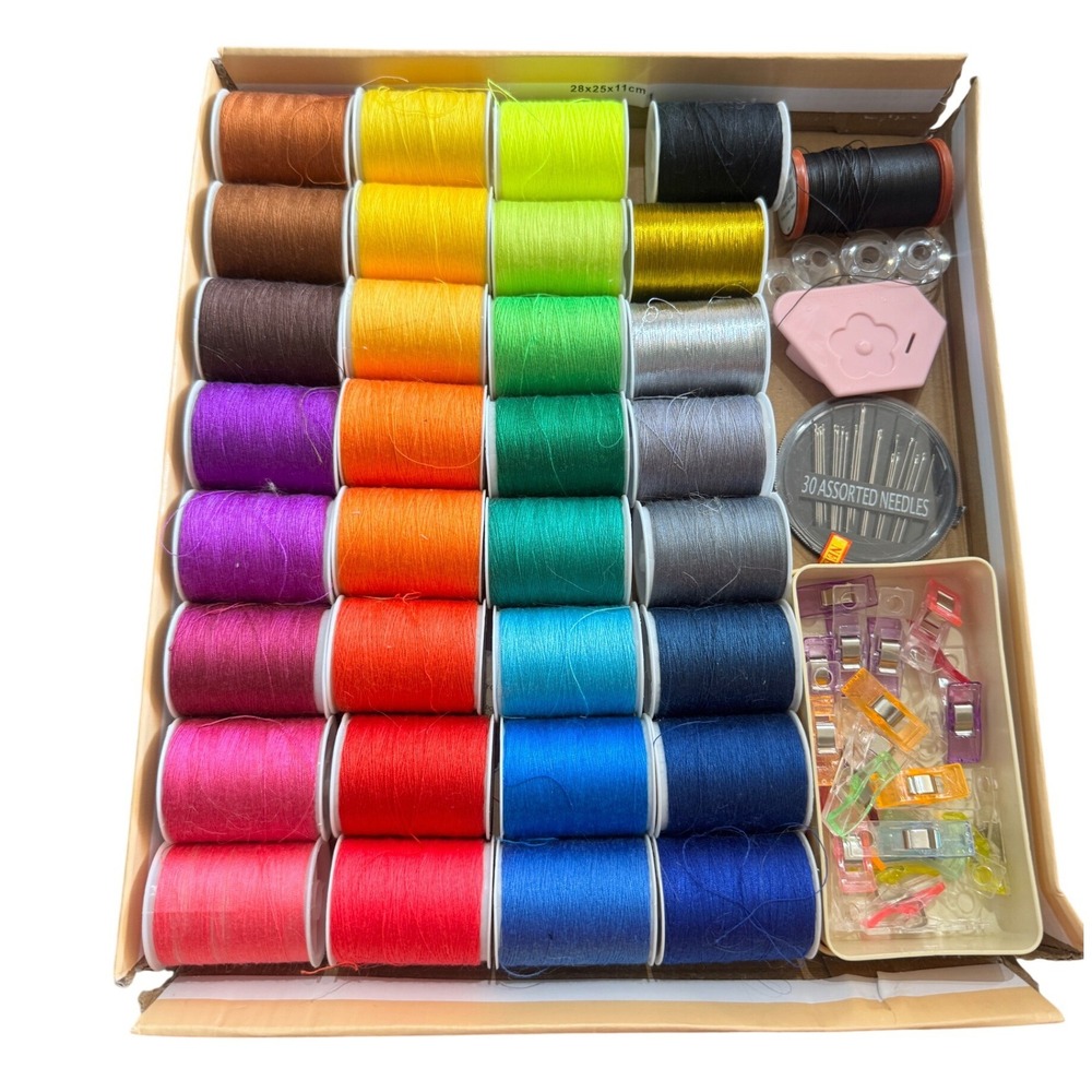 Multicolor Sewing Kit with 30 Thread Spools Needles Clips and Bobbins Set